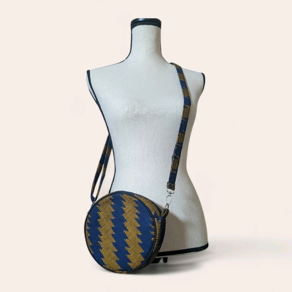 Authentic Handcrafted Nepalese Dhaka Handcrafted Round Crossbody Bag Blue Gold